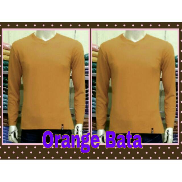 Kaos Oblong V Neck Polo Shirt Katun Lacoste Lengan Panjang Orange Bata
