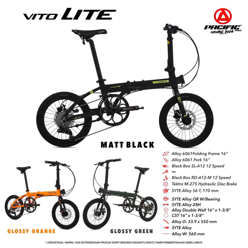 Sepeda folding lipat16 pacific ViTo Lite hydraulic 12 speed NEGO