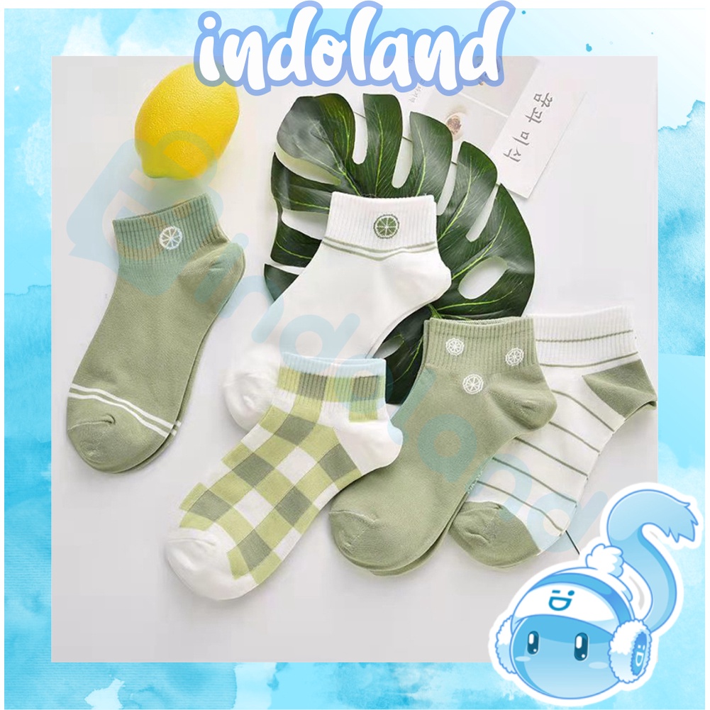 ☀ INDOLAND ☀ Kaos Kaki Wanita Motif Lemon Hijau Lumut Kotak Fashion Korea Women Sock Import KK015