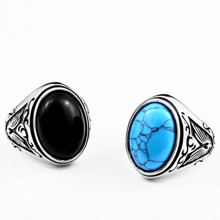 Pirus Onyx Hitam Cincin Baja Antikarat Perak Retro Pria Batu Permata Fashion Punk Rings