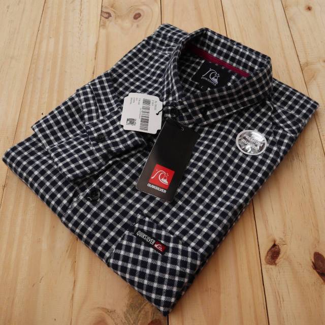 Volcom kemeja flanel distro cowok lengan panjang warna biru dongker garis putih seri12207