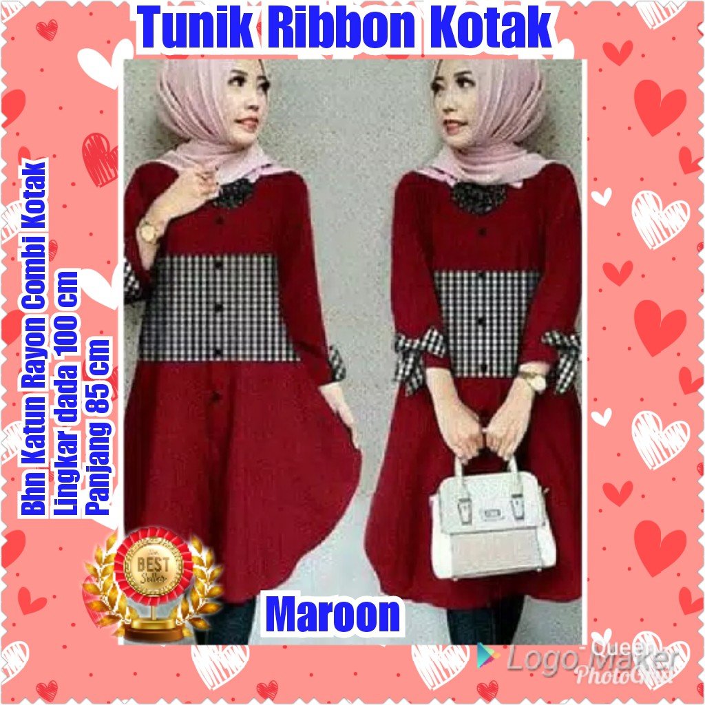 TERMURAH TUNIK RIBBON KOTAK MAROON / BLUE/NAVY/CREAM/KONDANGAN/PESTA/TERMURAH