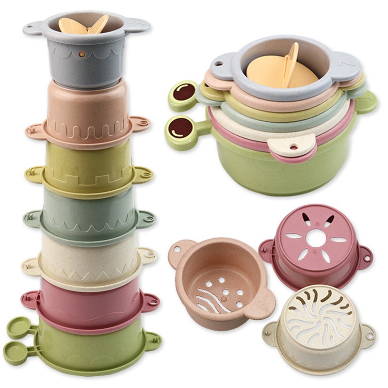 Mary 7Pcs Shower Mainan Bayi Susun Cangkir Bangunan Mainan Pasir Air Mainan Untuk w/Drain Bawah Edukasi Kamar Mandi Mainan Untuk In