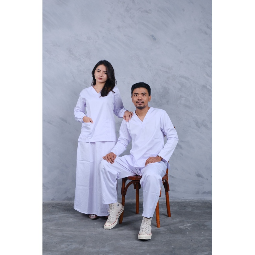 Baju Jaga Ok Oka White Series Premium Drill | Baju Ok Rok Putih Medical Scrub