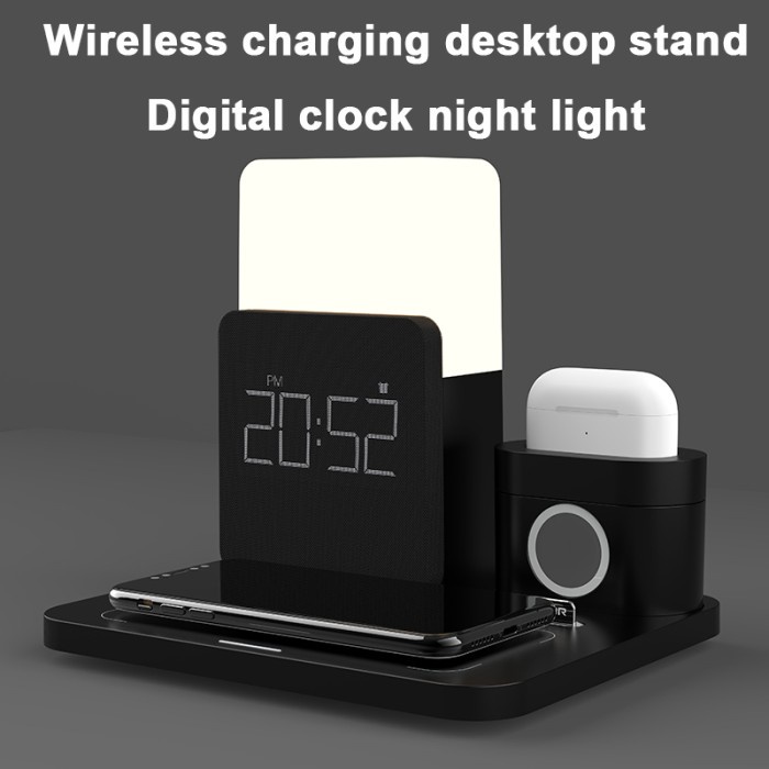 Triple W 5 in 1 Wireless Charger Desk Lampu Meja LED Jam Weker Holder Charging Premium