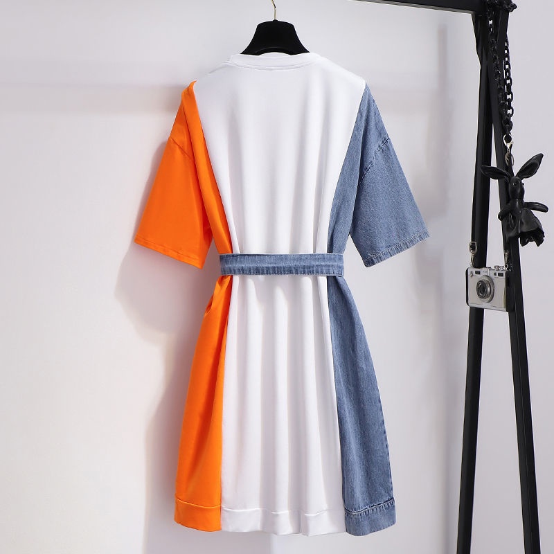 Denim stitched T-shirt dress women's summer 2021 new design sense, small people close the waist and