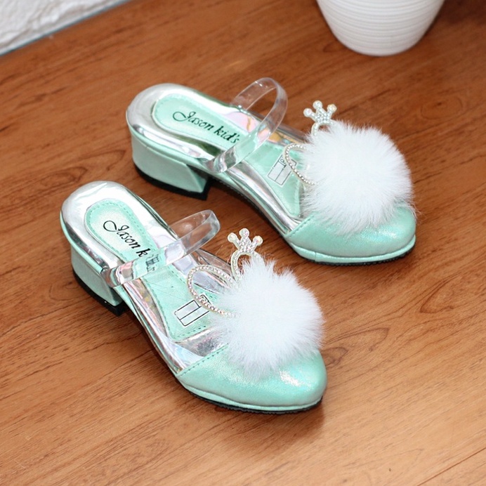 Sandal Sepatu Anak Perempuan Hak 3 cm Motif Bulu Kitty Mika Bening Heels Selop Pesta Cewe Tahun SM1