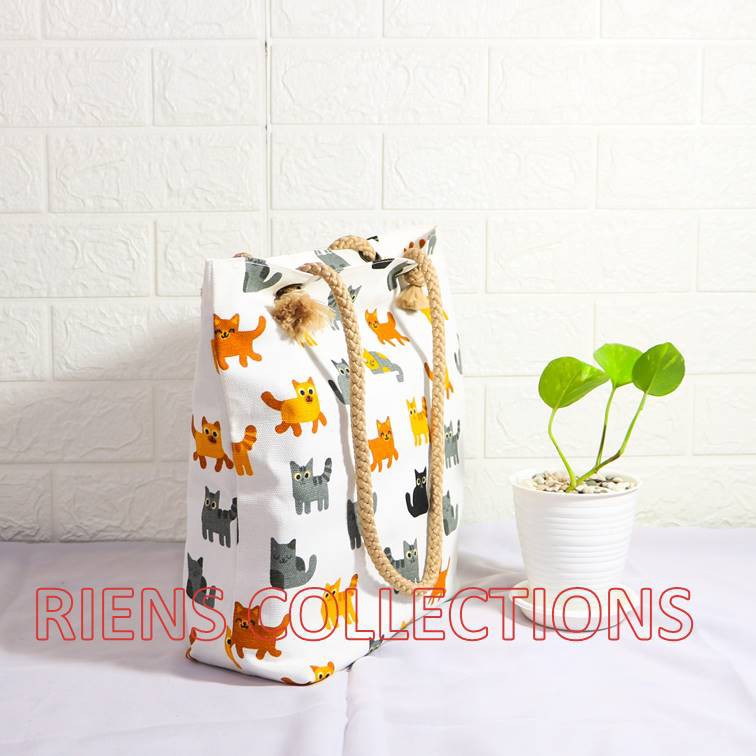 RIENS COLLECTIONS. TOTEBAG KANVAS TALI SUMBU MOTIF KUCING LATAR PUTIH. TAS KANVAS. TAS JOGJA. SOUVENIR JOGJA