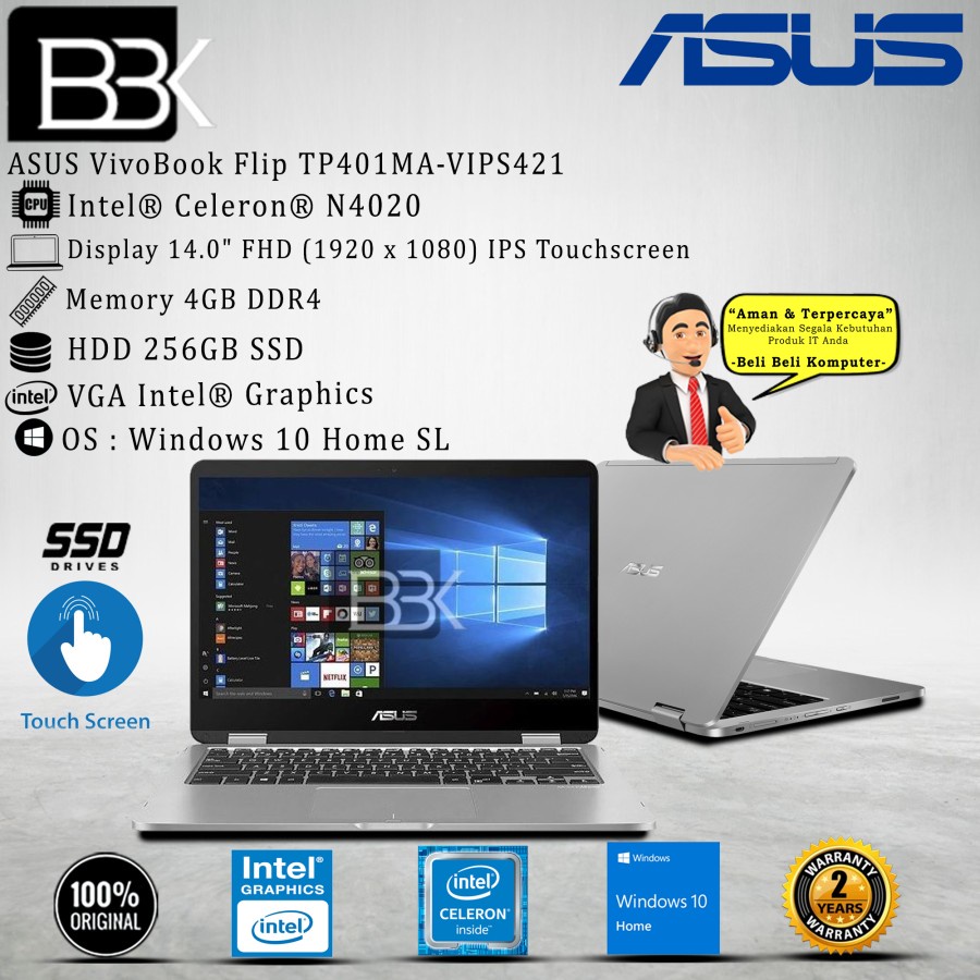 ASUS VivoBook Flip TP401MA-VIPS421 N4020 4GB 256GB SSD WIN10HSL 2Yr