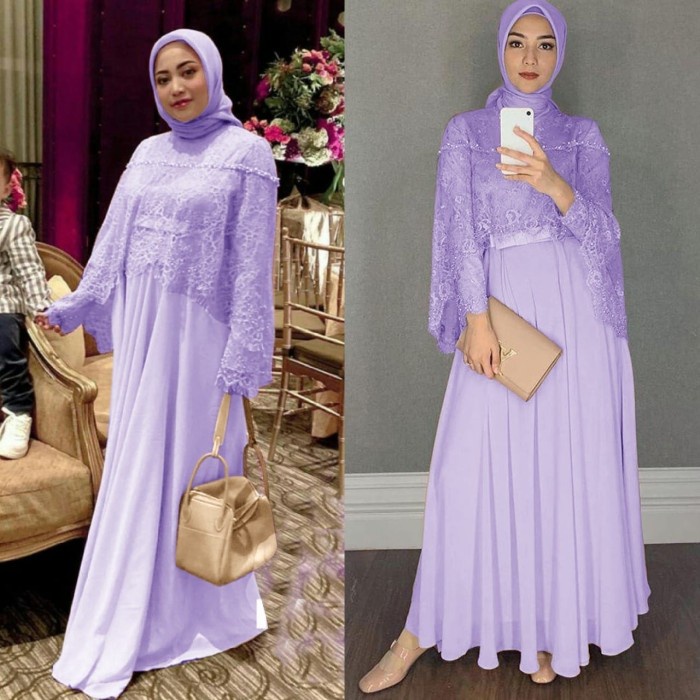 NEW - Maxi Dress Wanita Long Dres Gaun Panjang Muslimah Jersey Brukat Pesta - Lavender, L