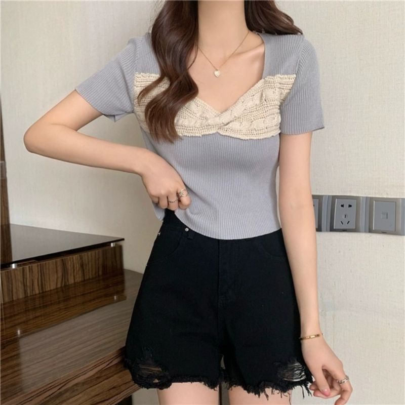 86013 Baju Atasan blouse blus blous lengan pendek krop top realpic polos renda rajut knit impor impo