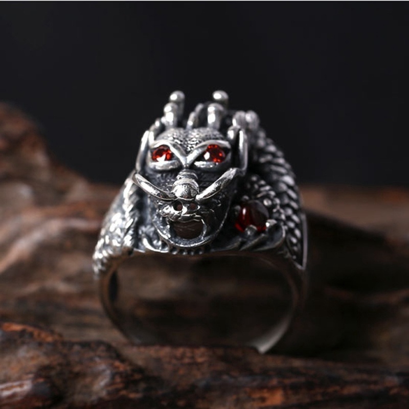 Cincin Desain Naga Raja Cina Warna Silver Gaya Punk Untuk Pria Dan Wanita