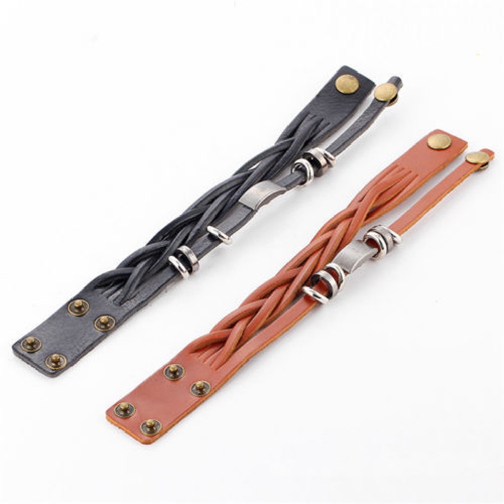 Hu Hu Hu Hu Hu Alat Bantu Pasang Kacamata♡ Gelang Tangan Kulit Imitasi Model Kepang Aksen Stainless Steel Gaya Vintage Untuk Pria