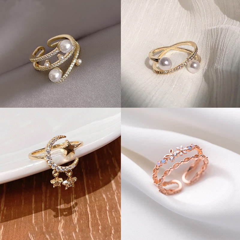 Cincin Model Terbuka Desain Bunga / Bintang / Mutiara / Berlian Imitasi Gaya Simple Untuk Wanita