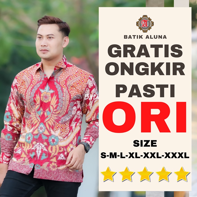 Batik Premium Pria Lengan Big Size Jumbo Warna Merah Baju Batik Lengan Panjang Kemeja Batik Pria Alu