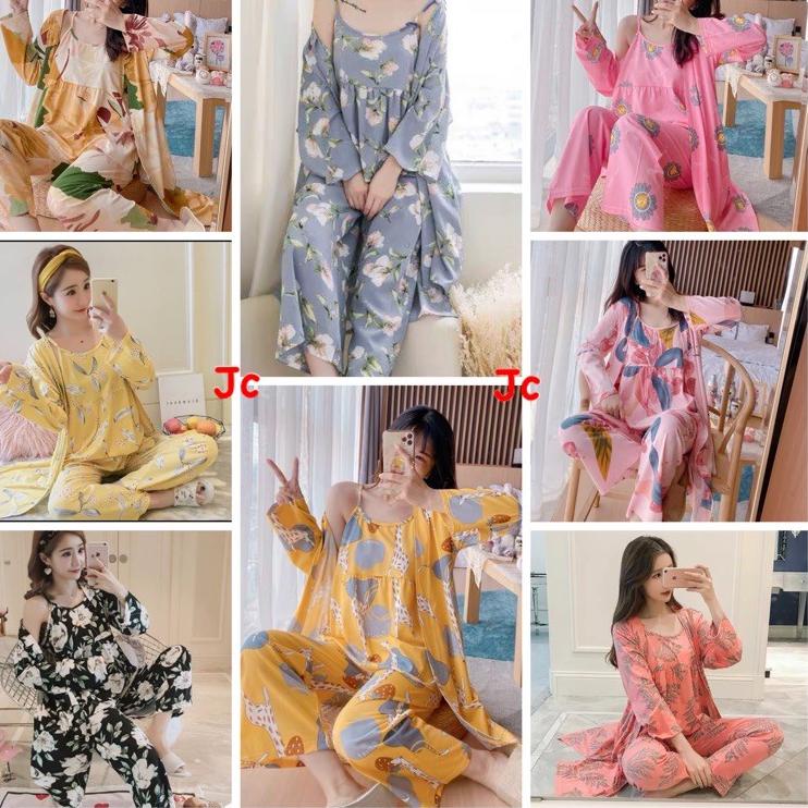Produk LZN GOSEND JC- Set Kimono 3in1 PP Import / Baju tidur Kimono Set Kekinian / Set Kimono wanita