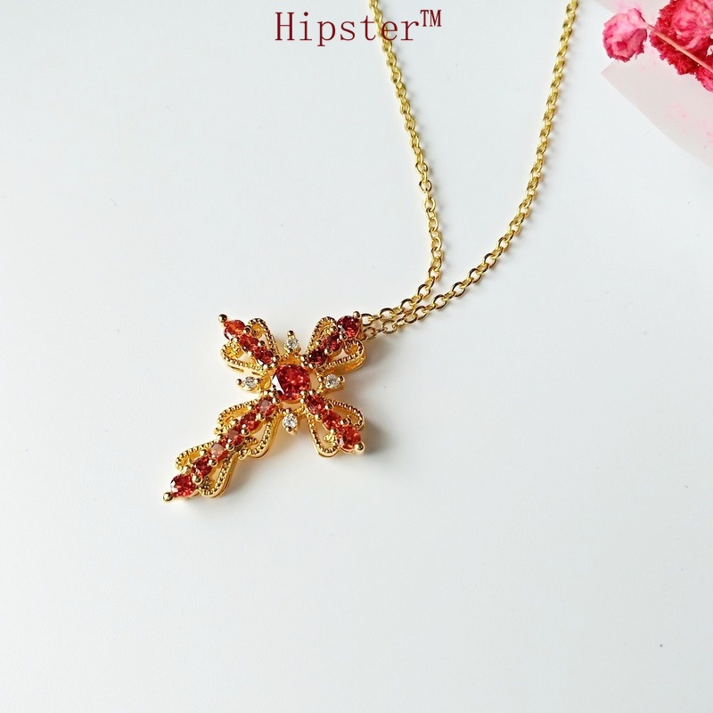 Hollow Diamond Cross Ruby Pendant Retro Affordable Luxury Gold Pendant Clavicle Chain