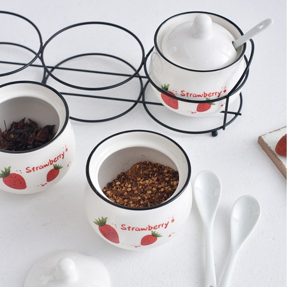 Sesebi 3pcs Tempat Bumbu Keramik + Rak Berkualitas