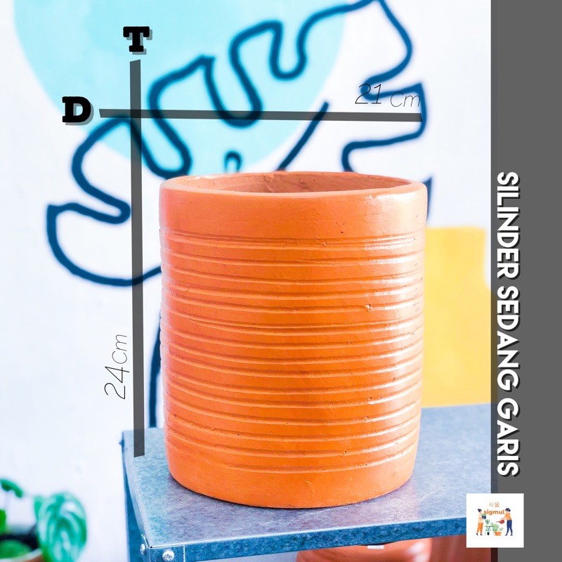 Pot Terakota / Pot Gerabah / Pot Teracotta / Tanah Liat Silinder Sedang Garis