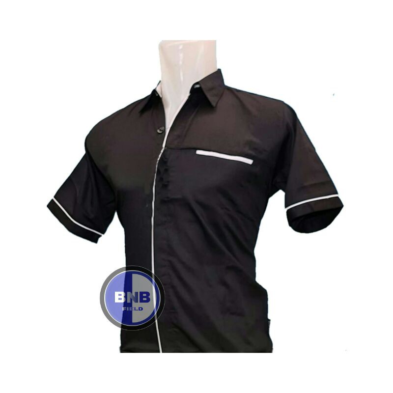 KEMEJA BAJU SERAGAM HITAM LIS PUTIH BAHAN AMERICAN DRILL