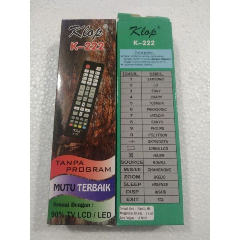 REMOTE TV UNIVERSAL KLOP 222 remot untuk segala merk LG SAMSUNG SHARP TOSHIBA POLYTRON SANYO HITACHI AKARI TCL CHANGHONG KONKA