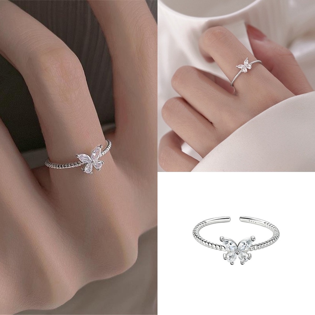 【COD Tangding】Cincin Jari Telunjuk Wanita Desain Kupu-Kupu Hias Berlian Adjustable Untuk Musim Semi / Panas