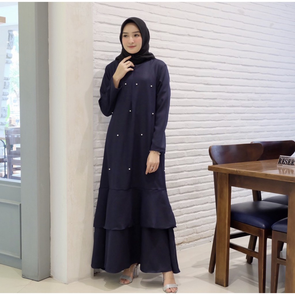 CASUAL MAXI DRESS PEREMPUAN WARNA NAVY BAHAN MOSCREPE ORIGINAL BEST QUALITY KOMBINASI MUTIARA IMPORT