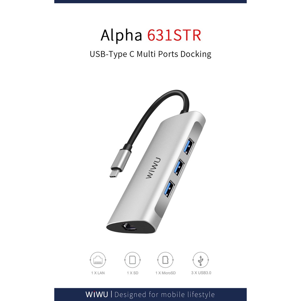 WIWU ALPHA A631STR - 6-in-1 USB Type-C Multifunction Converter Adapter - USB-C Extension Port