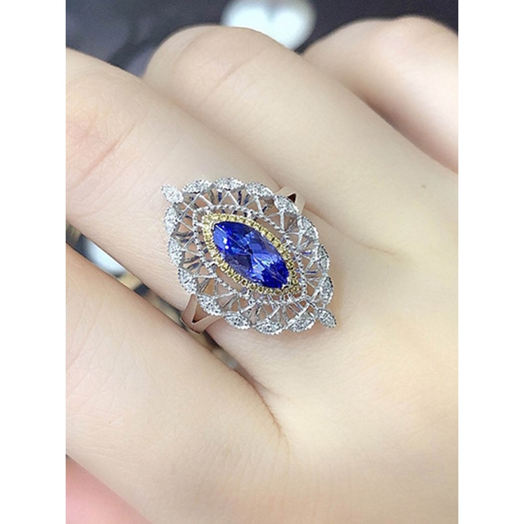 Cincin Jari Cubic Zirconia Warna Biru Marquise Gaya Retro Vintage Untuk Wanita