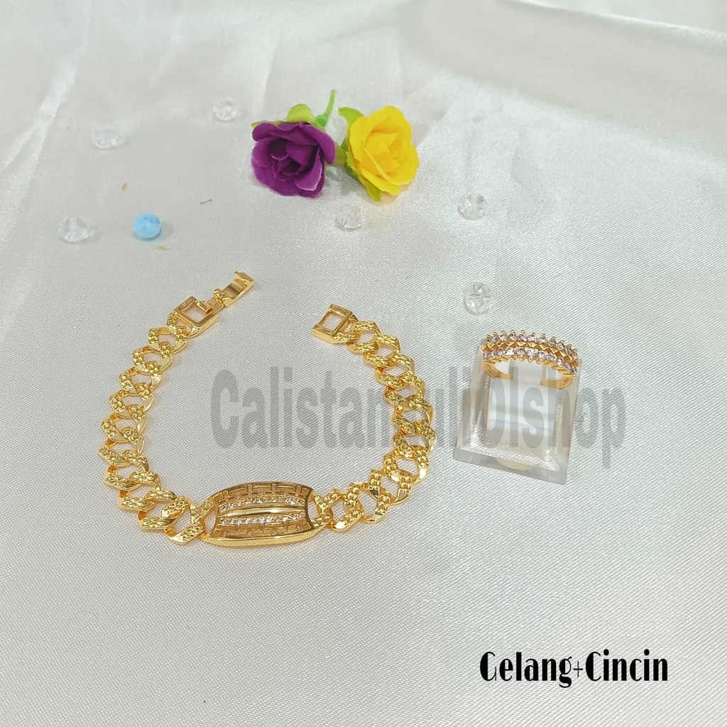 GELANG+CINCIN KOTAK UKIR ANTIK MANIS PERHIASAN EMAS  KOREA ANTI KARAT DAN ANTI LUNTUR