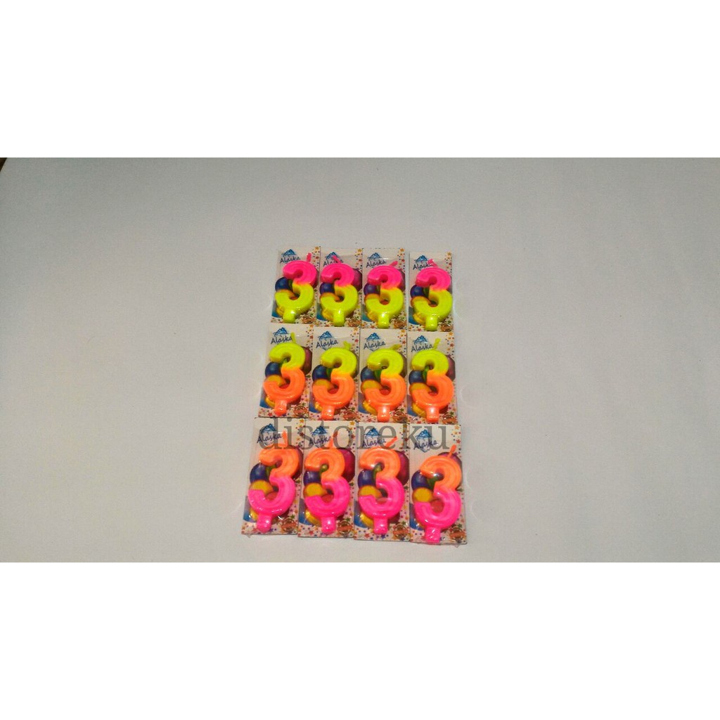 GROSIR lilin ultah ulang tahun Angka 3 TIGA alaska cerah warna warni pelangi @12