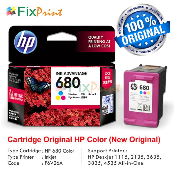 Cartridge Original HP 680 Color F6V26AA, HP Deskjet 1115 2135 3635 3835 4535 All-in-One