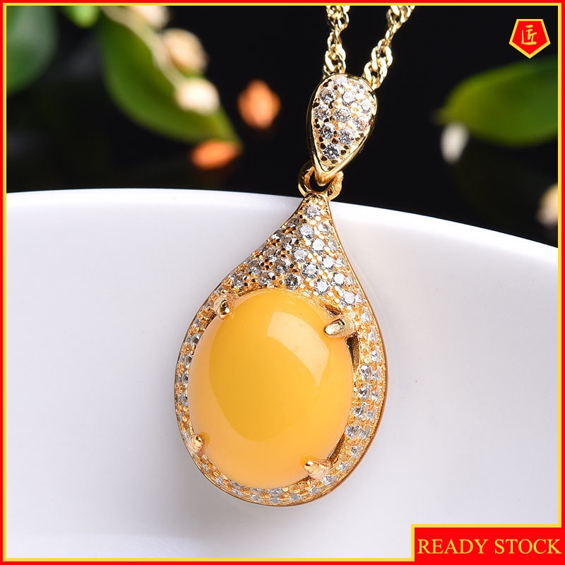 [Ready Stock]Fashion Inlaid Yellow Amber Pendant Diamond-Studded Necklace