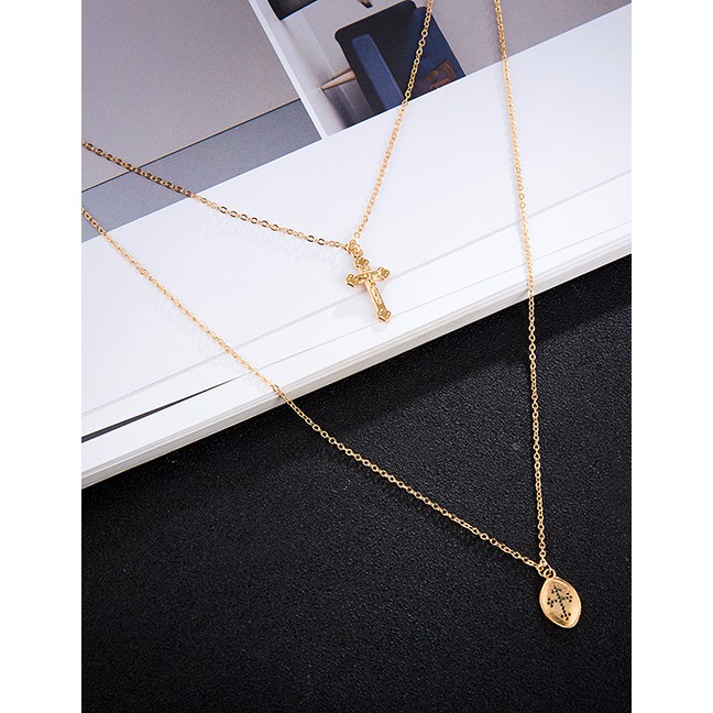 LRC Kalung Fashion Gold Alloy Geometry Drops Cross Multilayer Necklace F91793