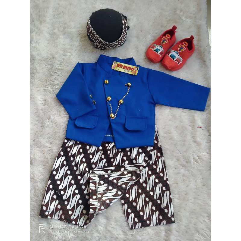 Setelan beskap bayi/ anak Gratis Blangkon//beskap biru BCA celana putih