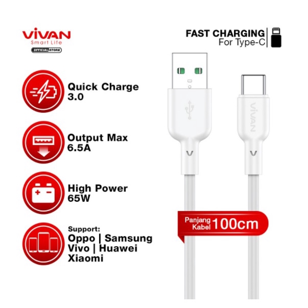 VIVAN Kabel Type C VQC100 6.5A Fast Flash Charging 65W QC3.0 100cm Garansi Resmi 1 Tahun