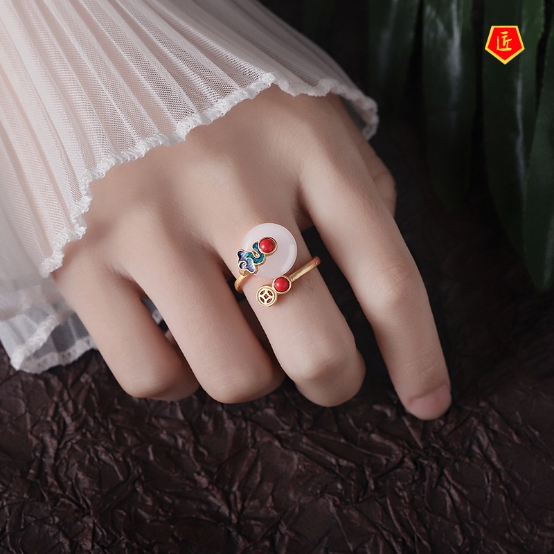 Chinese Style Retro Xiangyun Ring Female Ancient Style Enamel Painted Hetian Jade Fashion Personalized Tail Ring