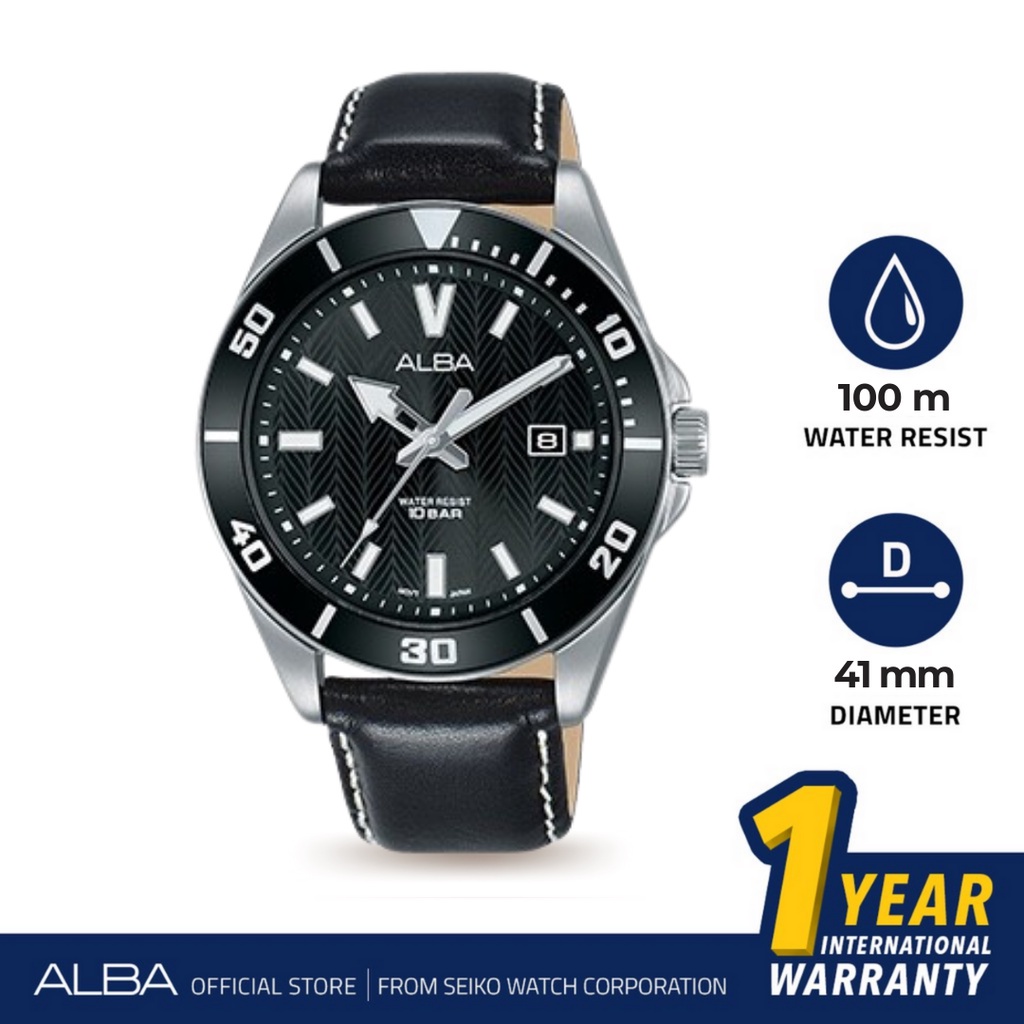 Alba Active Jam Tangan Pria AG8J43 / AG8J43X1 Quartz Black Dial Genuine Leather Strap Watch