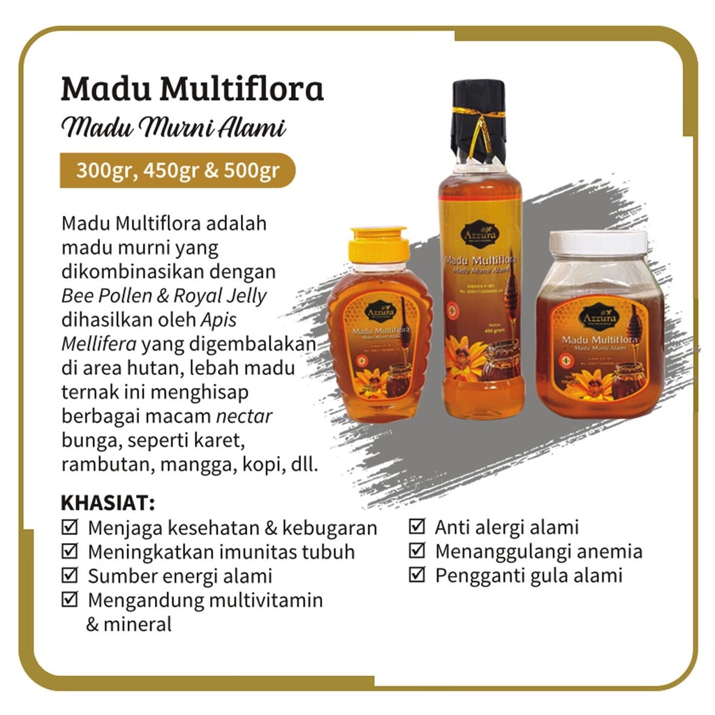 

Madu Murni Multiflora | Madu Azzura | Madu Murni | Madu Hutan | Madu Alami | Madu Kesehatan | 300/450/500 gr