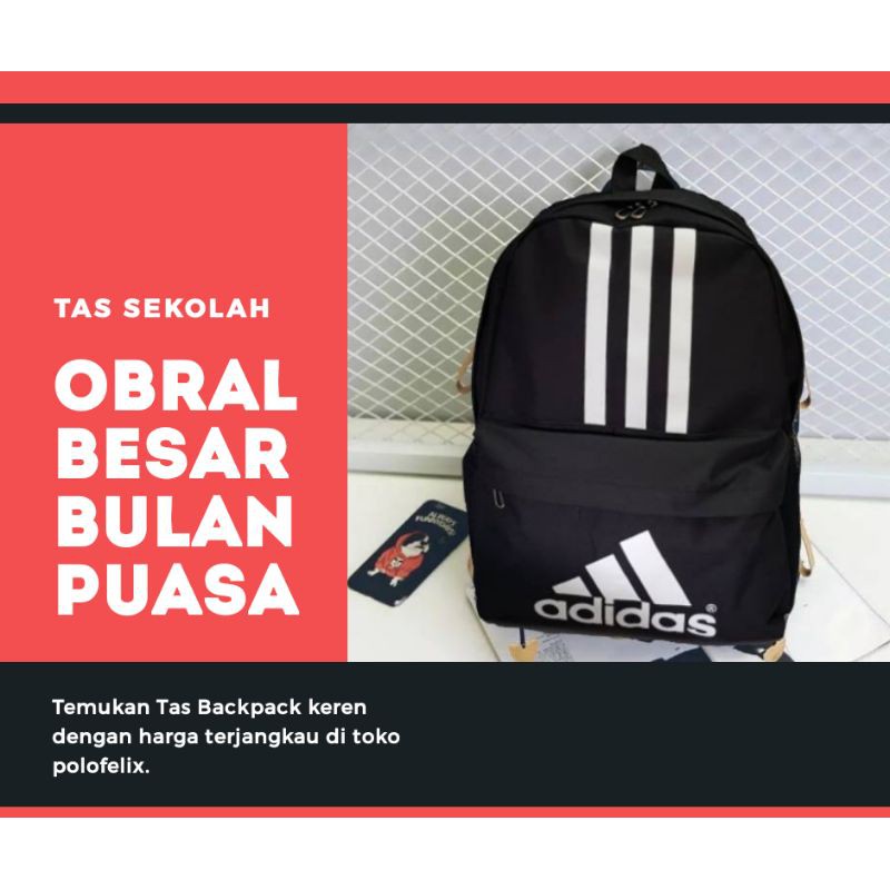 Adidas Fashion Wanita Ransel Garis Tiga untuk Gadis Perjalanan Kapasitas Tinggi Siswa Tas Pria Hitam Tas Laptop