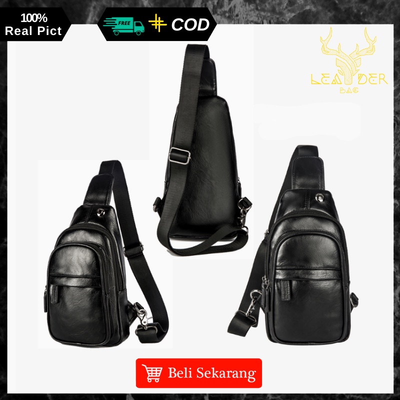 Tas Selempang Kulit Pria Original Import Warna Hitam Waterproof Atau Slingbag Kulit Cowok Terbaru Anti Air Ori Keren DALAS C17