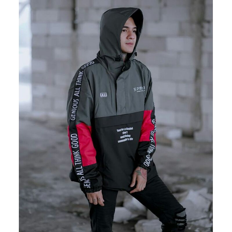 GENIOUS Jaket Cougle Abu Hitam Jaket Parasut Pria Jaket Outdoor