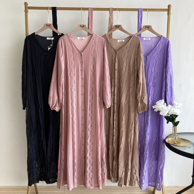 Kimi Dress Brokat Pesta V-neck / Gamis Brukat Import Hijab dan Busui Friendly dengan Sabuk