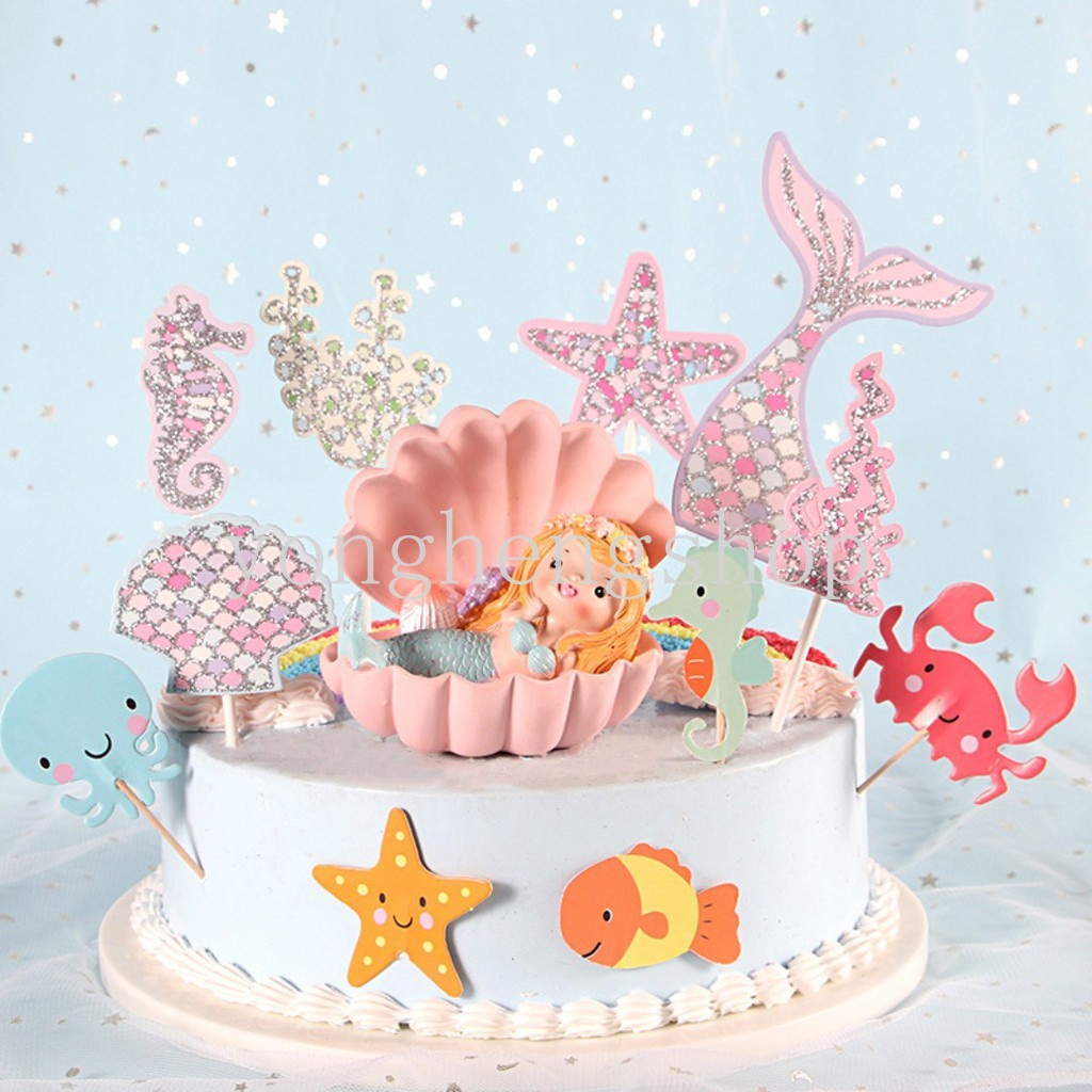 5pcs / set Topper Kue Desain Ekor Mermaid / Bintang Laut Untuk Dekorasi Pesta Ulang Tahun Anak