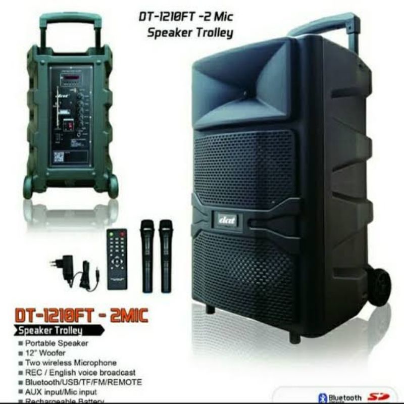Speker Blutut Portabel 12 Inch DT 1210FT Radio USB Free 2 Mic Wireless Speaker Radio