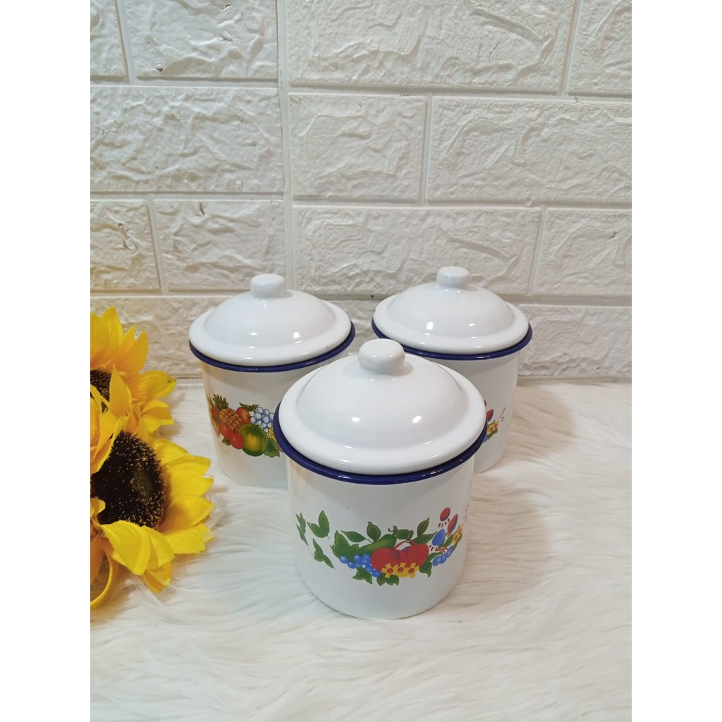 Mug Jadul Cangkir Seng Enamel Motif Bunga Tutup