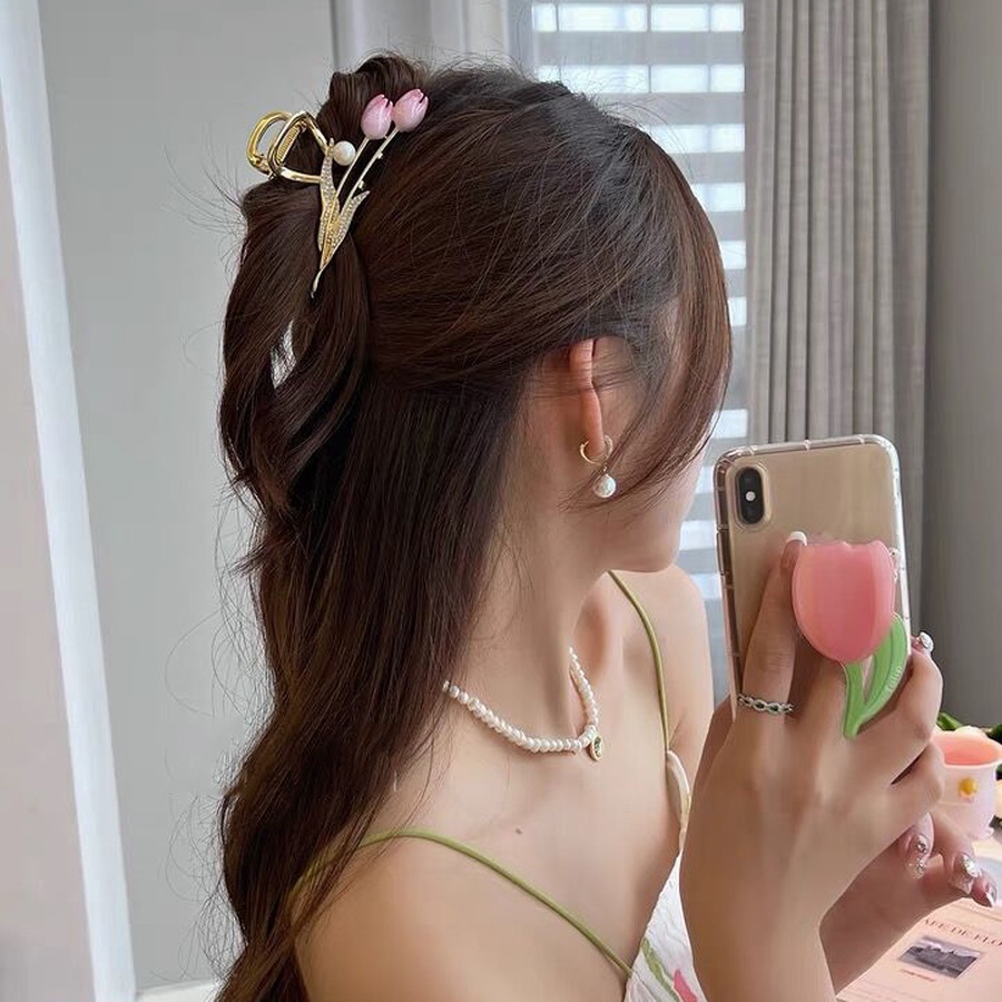 Jepit Rambut Ponytail Bentuk Bunga Aksen Mutiara Bahan Alloy Gaya Korea Untuk Wanita