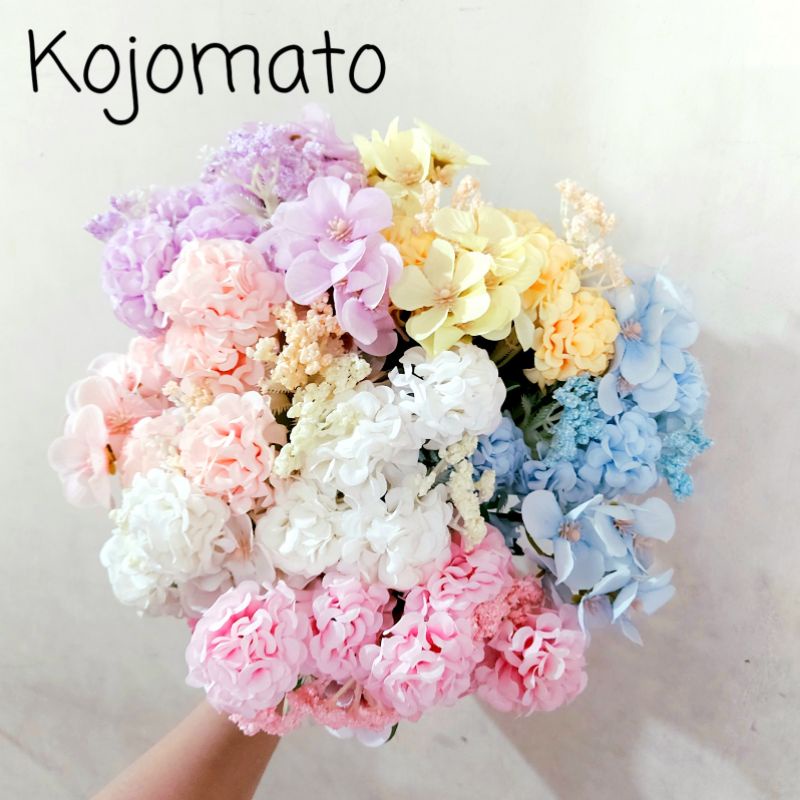 LN025 Buket Bunga Pastel Krisan Hydrangea Artificial Hortensia mawar hias plastik dekorasi pesta kam