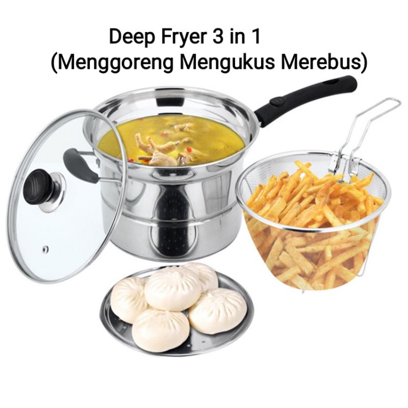 Panci  3 in1 Kukus Rebus &amp; Goreng/ panci Kentang&amp; Aneka Masakan Crispy(22CM)