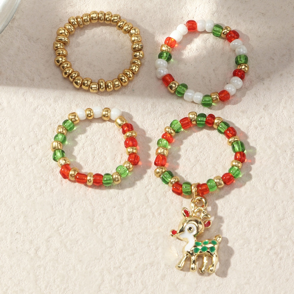 Hu Hu Hu Hu Hu Alat Bantu Pasang Kacamata♡ 4pcs / Set Cincin Manik-Manik Bentuk Rusa Natal Untuk Wanita